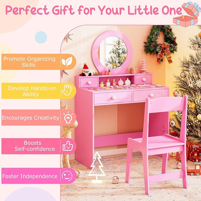 Costzon Kids Vanity, Princess Makeup Dressing Desk with Mirror and Stool, 4 Storage Drawers, Vanity Table and Chair Set for Little Girls (Pink)