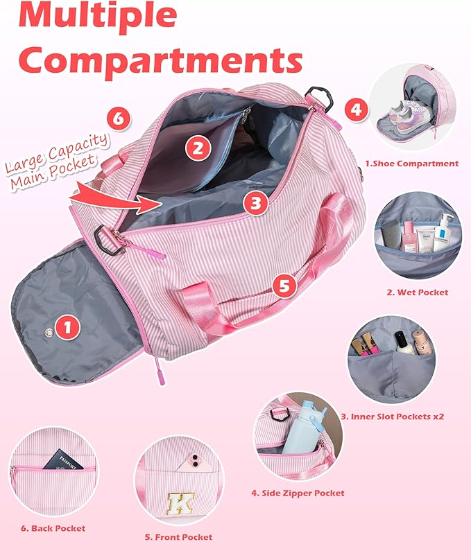 Birthday Gift for Grandkids, Girls Travel Duffle Bag, Kids Initial Overnight Bags with Shoe Compartment, Personalized Weekender Bag with Makeup Pouch, Sweet 16 Gifts for Girl (Letter I)