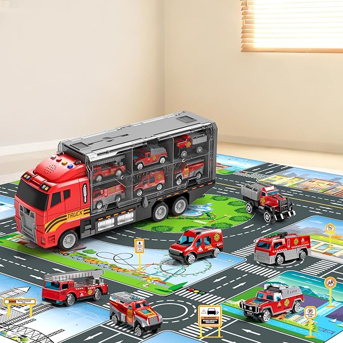 Toddler Boys Toys for 3-5 Years Old, Fire Truck Vehicle Set with Play Mat and Die-Cast Toy Car, Transport Carrier Truck for Kids 3-5, Birthday Gifts Toys for 3-8+ Year Old Boys