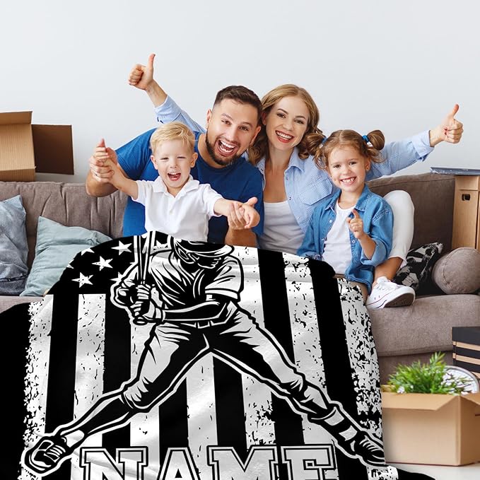 Baseball Gifts Personalized Boys Blankets for Kids Teens Adults, Custom Name 80x60 Inches Twin Size Lightweight Soft Comfy Flannel Throw Blankets for Couch Bedding Living Room Home Decor