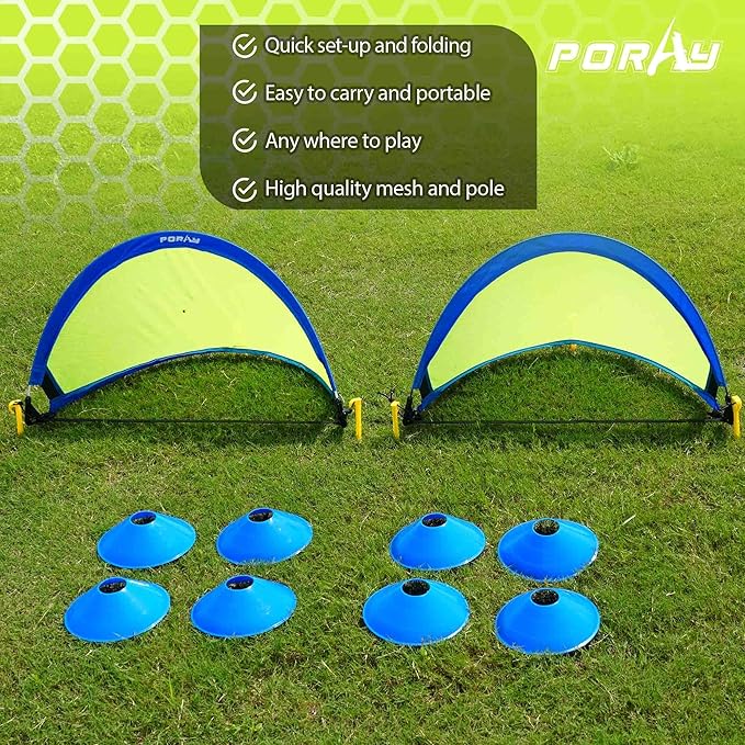 Poray Soccer Goal for Kid Easy-up Set of Two Portable Soccer Net 210D Oxford with 8 Field Marker Cones Extra Stakes Fun for Backyard and Soccer Training