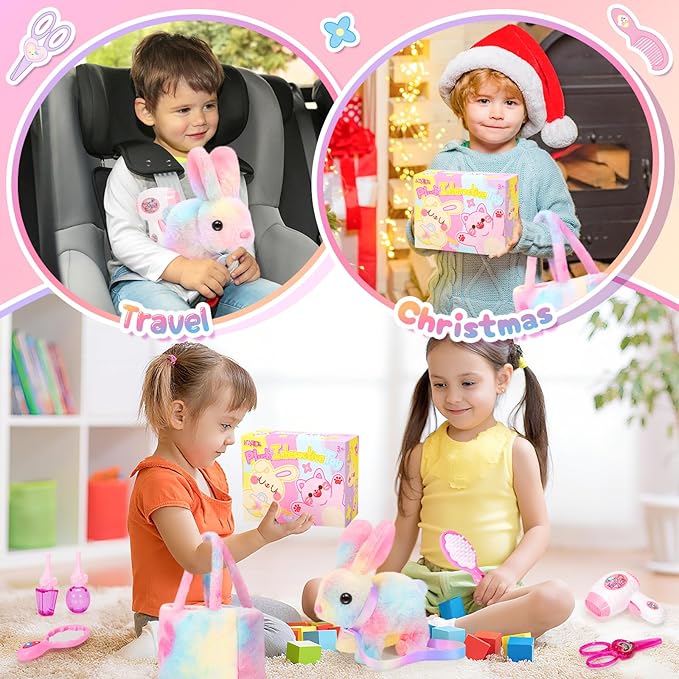 Plush Interactive Bunny Toys for Kids with Tote Bags,Stuffed Robot Pet Rabbit with Leash Hopping Wiggle Ears Pretend Play,Realistic Cute Fidget Toys for Toddler Stocking Stuffers Birthday Gifts