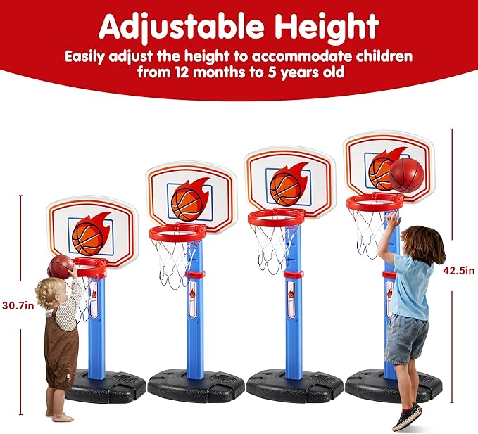 JOYIN Toddler Basketball Hoop Indoor, Adjustable Basketball Goal for Kids with 4 Balls, Game Toys for Playroom Pool Outdoor, Birthday Gift for Baby Boys Girls Age 1 2 3 4 - Air Pump Included