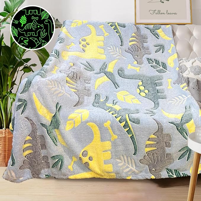 Personalized Dinosaur Glow in The Dark Blanket, 40"x50", Soft Fleece Throw for Boys and Toddlers