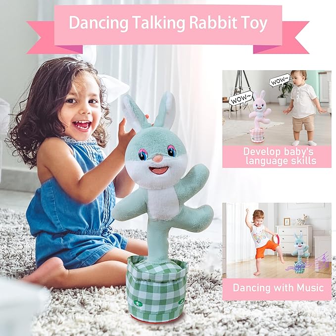 Talking Dancing Bunny Baby Toy for Kids Interactive Plush Toddlers Toys Talking Bunny Repeats What You Say Realistic Plush Educational Toy Teen Easter Bunny Basket Stuffers Gifts Girls Boys Birthday
