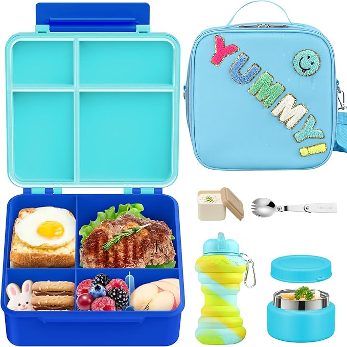 Bento Lunch Box with 10oz Soup Thermo for Kids Insulated Lunch Bag & Foldable Silicone Cup Food Leak Proof Food Container with 5 Compartment for Kid to Shool Travel
