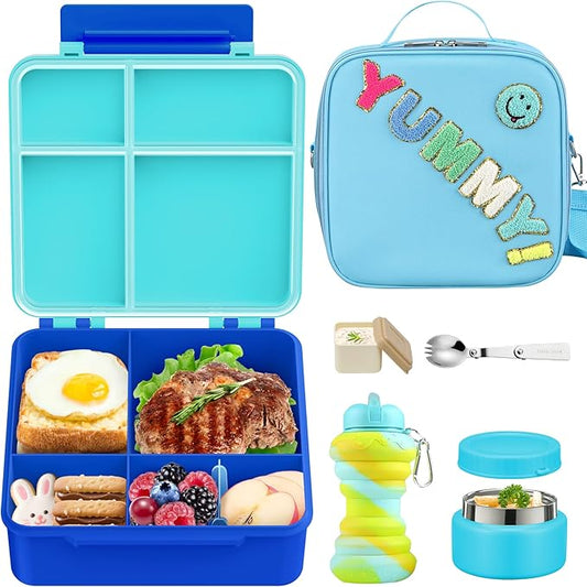 Bento Lunch Box with 10oz Soup Thermo for Kids Insulated Lunch Bag & Foldable Silicone Cup Food Leak Proof Food Container with 5 Compartment for Kid to Shool Travel