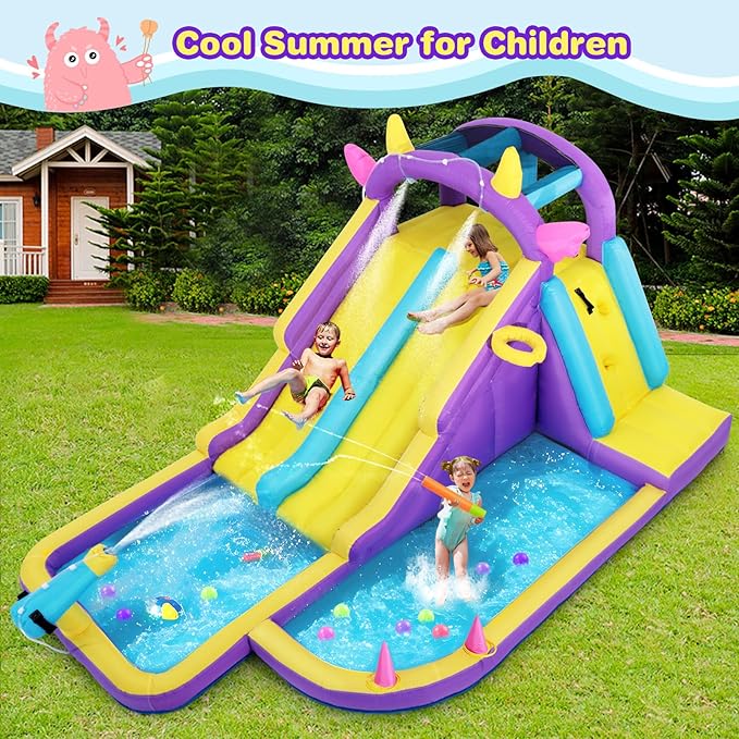JOYLDIAS Inflatable Water Slide,Water Park Bounce House,Slide Bouncer Castle Playhouse w/Splash Pool, Climbing Wall, Ring Toss Game for Kids Outdoor Fun, 480W Air Blower