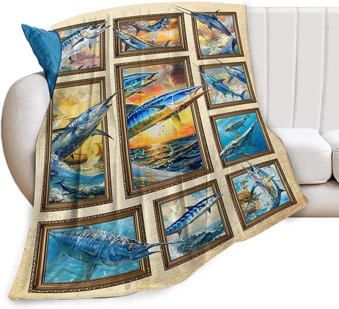 Fishing Blanket Fish Throw Blanket Cozy Plush Fleece Flannel Fishing Lover Gifts Blankets for Girls Boys Women Men 60"X50"