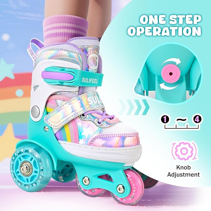 SULIFEEL Rainbow Unicorn 4 Size Adjustable Light up Roller Skates for Girls Boys for Kids