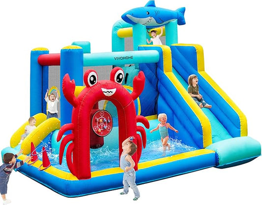 VIVOHOME 7 in 1 Bounce House for Kids, Sea Theme Inflatable Bouncy Castle with Slide, 12x10 FT Inflated Bouncer for Outdoor with Blower, Basketball, Climb, Jump Area, Ball, Water Pool, Hoop