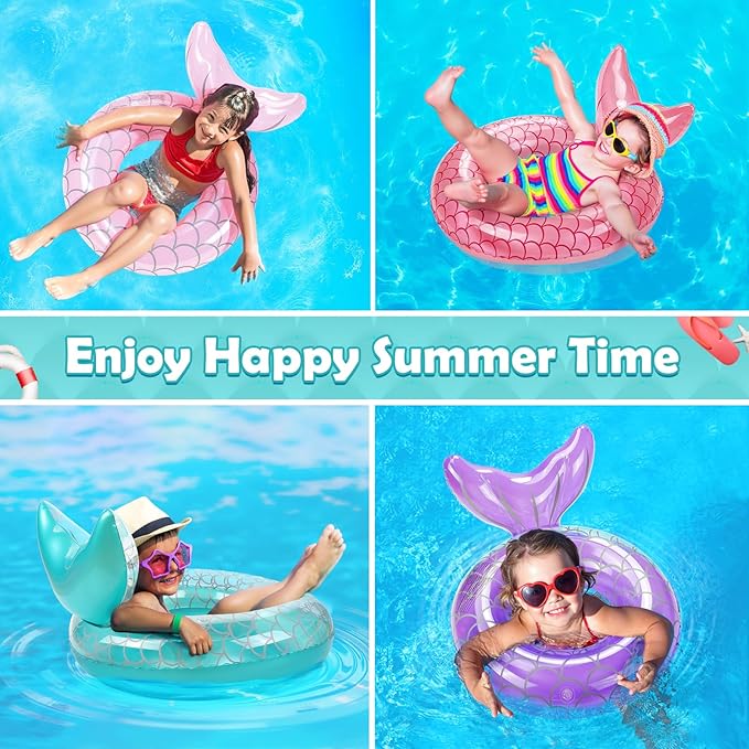 HeySplash Pool Floats Kids, Inflatable Swimming Ring Mermaid Tail Shaped Swim Tube Floaties, Summer Water Fun Beach Party Swimming Pool Toys for Kids Children Water Activities, Rose Gold + Blue