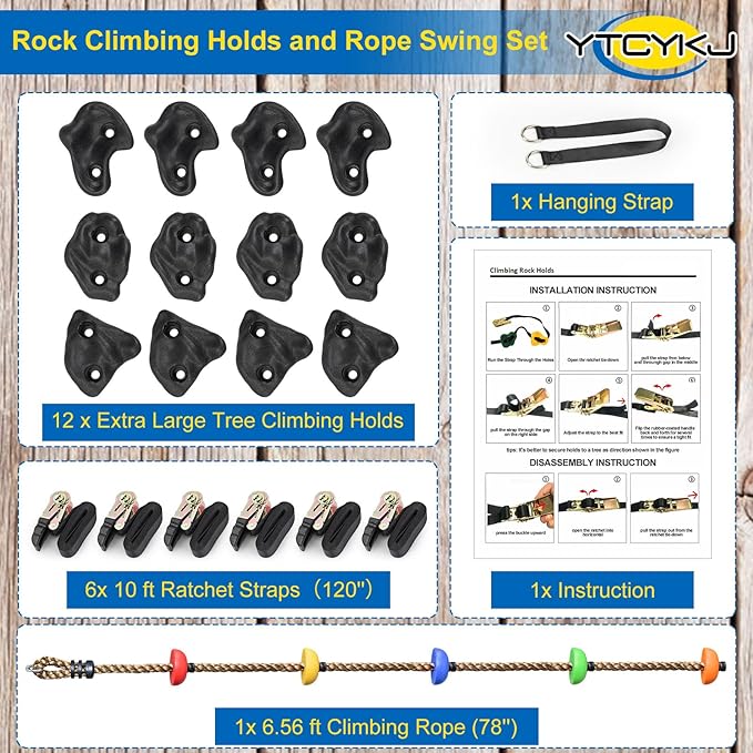 12 Rock Climbing Holds for Kids Climber,6.56FT Climbing Rope Swing and 6 Sturdy Ratchets Straps for Kids Tree Climbing,Tree Climbing Kits for Outdoor Obstacle Training,Black