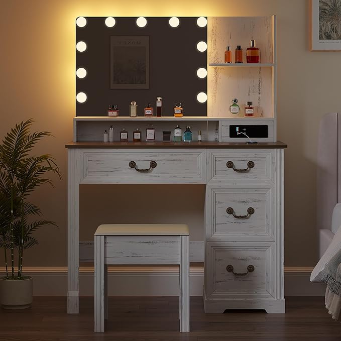 Farmhouse Vanity Desk with Lighted Mirror & Power Outlet, 39 inch Rustic Makeup Vanity Table with Drawers and Stool, Hollywood Mirror with Lights, White Dressing Table for Women Girls Gifts