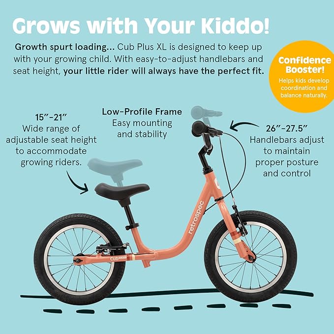 Retrospec Cub Plus XL Kids Balance Bike - 14in Outdoor Toddler Bike with Adjustable Height 15-21in - Lightweight Aluminum Frame & Hand Brakes for Ages 4-6 - Training with Air Tires