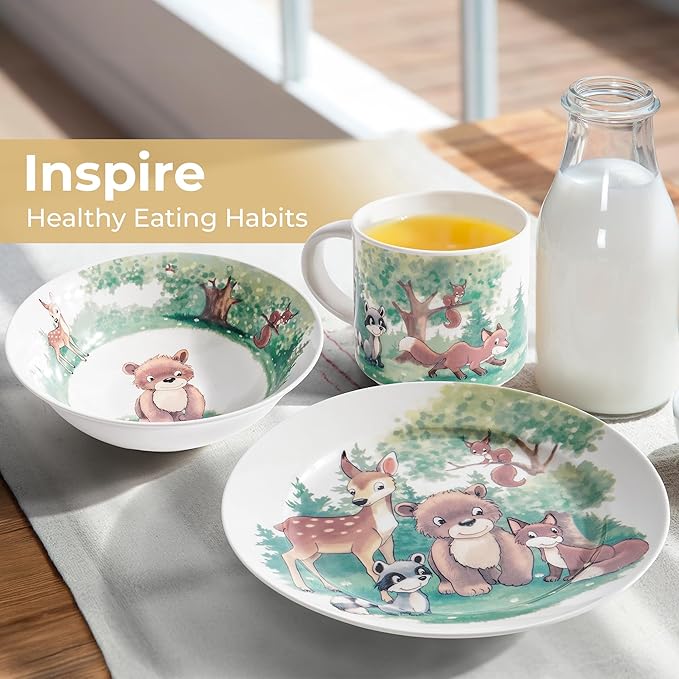 MIAMIO – Set of 3 Kids Dinnerware Set/Porcelain Children Dishes, Kids Dish Set, Children’s Tableware Set - Includes Plate, Bowl and Cup – For Kids and Toddler (Forest)