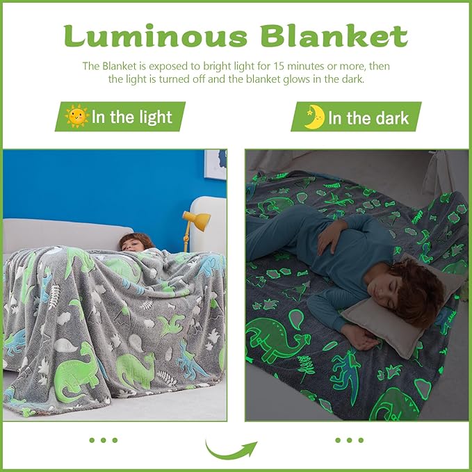 QSTEHEML Dinosaur Glow in The Dark Blanket,Dinosaur Gifts for Boys Age 3 4 5 6 7 8 9 10 11 12 Year Old, Soft Throw Blanket for Kids - Christmas Birthday Bedroom Decor 50"×60"