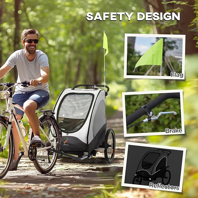 Aosom Bike Trailer for Kids 3 In1 Foldable Child Jogger Stroller Baby Stroller Transport Carrier with Shock Absorber System Rubber Tires Adjustable Handlebar Kid Bicycle Trailer