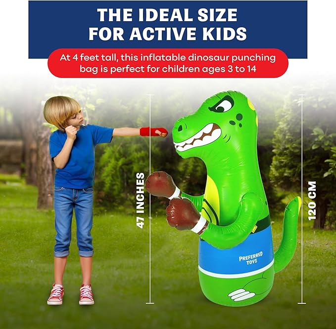 Inflatable Dinosaur Punching Bag for Kids – Bop Bag for Toddlers and Children Ages 3-14 – 47" Blow Up Toy with Bounce-Back Action – Fill Base with Sand or Water