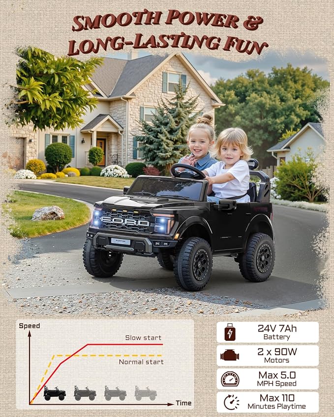 First Ride On 24V Ride on Toys for Big Kids, Licensed Ford F-150 Raptor 2 Seater Kids Ride on Car w/Remote Control, Toddler Electric Car w/LED Lights, Bluetooth, Truck Bed Storage, Soft Start (Black)