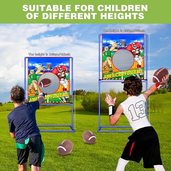 VATOS 2 in 1 Football Toss Target Games and Soccer Toy for Kids, Throwing Target Double-Sided Goal with 2 Inflatable Footballs & 2 Soccer Balls, Indoor Outdoor Back to School Activity Toy Gift
