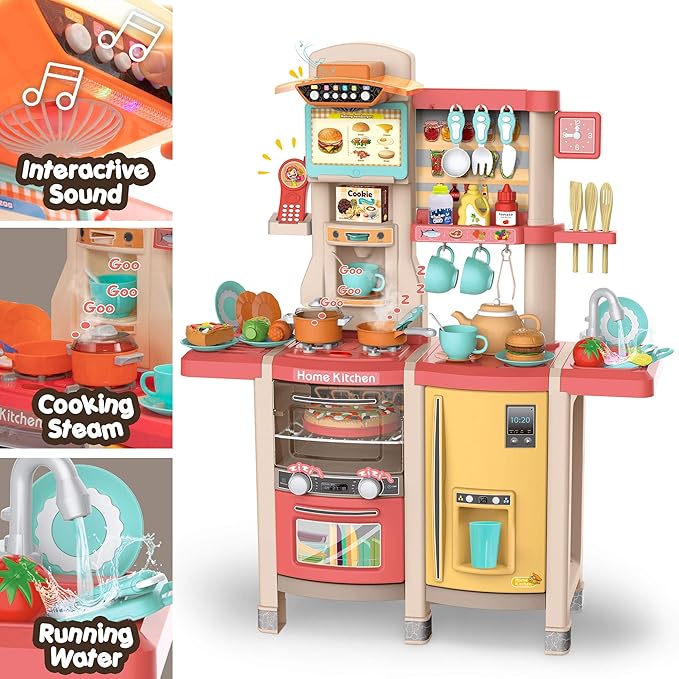 Large Kids Kitchen Play Set,Interactive Kids Kitchen playset with 65Pcs of Pretend Play Kitchen Accessories,Play Toy Kitchen for Toddlers with Realistic Sound Effects,Pink