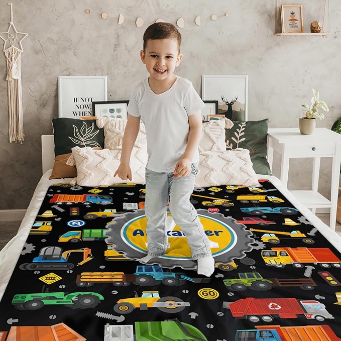 Custom Kids Blanket for Boys 6-8, Truck Gifts for Son Personalized Name 4 Sizes Initial Construction Themed Stuff Throw Soft Plush Cool Accessories Blankets for Sofa Chair Bed Room
