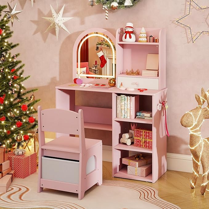 Costzon Kids Vanity with Lights, Girls Vanity Set with Mirror, Storage Drawer, Hooks & Shelves, Toddler Makeup Vanity Desk Dressing Table, Wooden Kids Vanity Table and Chair Set (Pink)