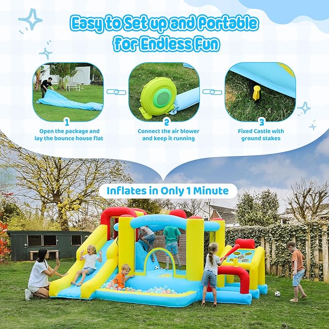 ELEMARA Inflatable Bounce House, 7 in 1 Kids Bounce House with Slide, Bouncy House with Blower, Jumping Area,Baseball/Soccer Area,Basketball Hoop,Climbing Wall, Jumping Castle for Indoor Outdoor