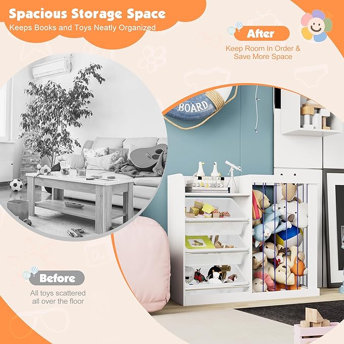 Naches Kids Toy Organizer and 4-Tier Montessori Bookshelf with 3 Bins, 3-in-1 Toy Shelves and Stuffed Animal Storage for Playroom, Nursery, Baby Room (White)