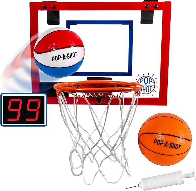 Pop-A-Shot Super Slam Over The Door Mini Basketball Hoop for Adults | 2 Included Basketballs and Pump | Built for Dunks | Breakaway Rim | Shatter Resistant Backboard | 17x12.5 Inches