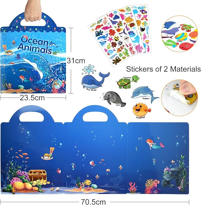 ASTARON Reusable Sticker Book for Toddlers, 88 Pcs Ocean Stickers Road Trip Activities Car Airplane Activities Travel Toys for Kids, Kids Quiet Time Activities (2-6 Age)