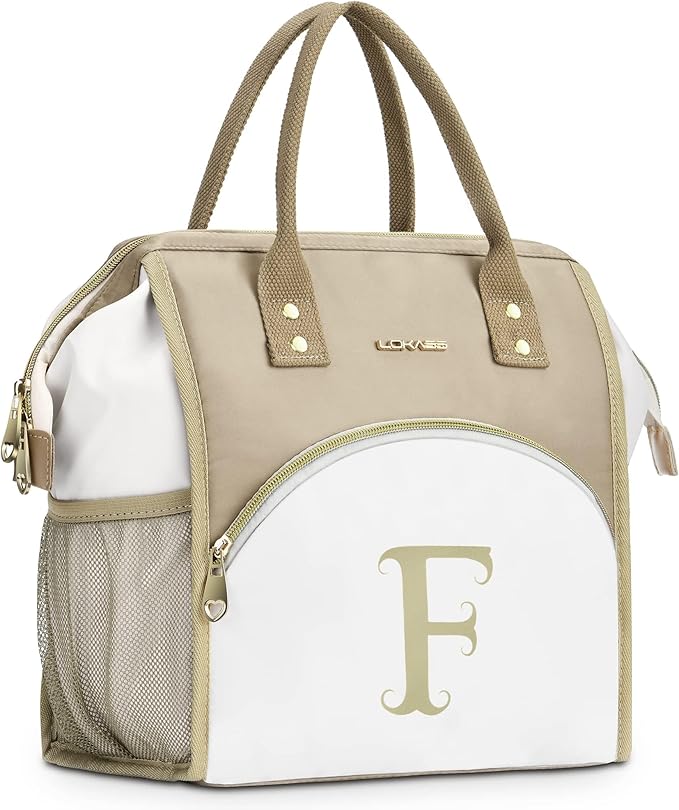 Personalized Lunch Box for Women, Initial Reusable Insulated Lunch Bag, Wide-Open Adult Lunchbox Cooler Lunchbag, Leakproof Lunch Tote for Picnic Work Outdoors, Christmas Gift for Women, Brown - F