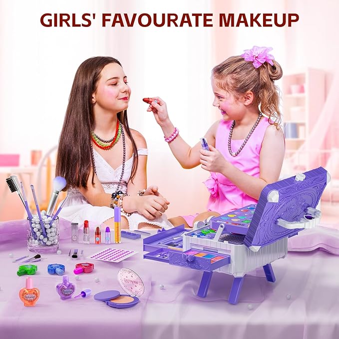 Kids Makeup Sets for Girls - Washable Makeup Toys with Mirror, Real Dressing Table with Stand Princess Pretend Makeup Sets for Ages 3 4 5 6 7 8-12 Year Old Girls Birthday & Christmas