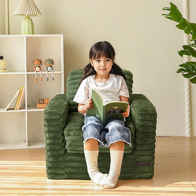 MAXYOYO Kids Bean Bag Chair, Comfy Faux Fur Bean Bag Sofa with Filler, Upholstered Floor Sofa with Pillows and Armrests, Lazy Floor Chair Couch for Boys and Girls, Green