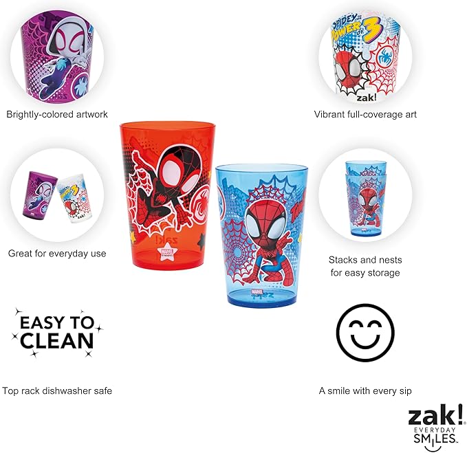 Zak Designs Marvel Spider-Man Nesting Tumbler Set for At Home, 14.5oz Non-BPA Plastic Cups, 4-Pack (Spidey and His Amazing Friends)