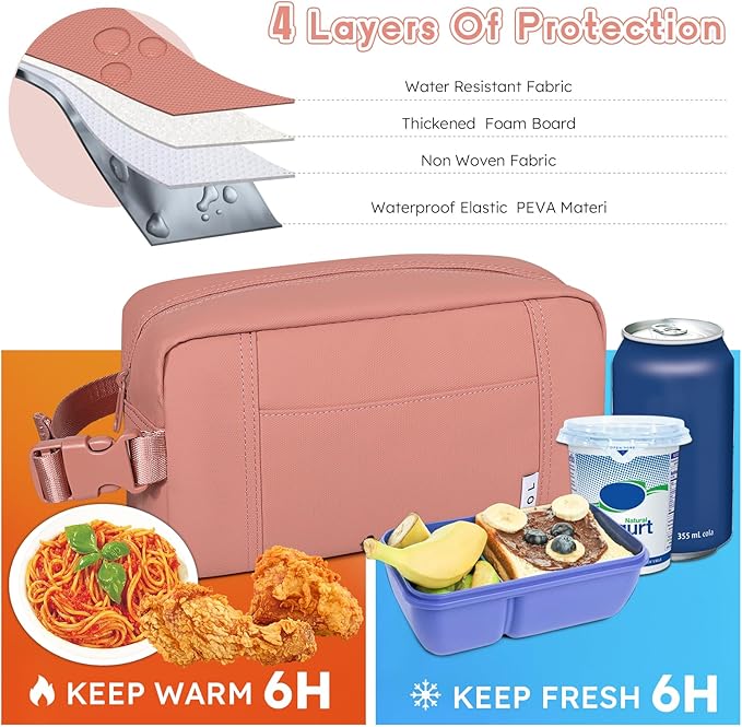 NOL Natural Organic Lifestyle Freezable Snack Bag, Leakproof Cooler Lunch Bag, Reusable, Zip Closure with Buckle Handle Nylon Waterproof Snack Box for Work Travel-Dark pink