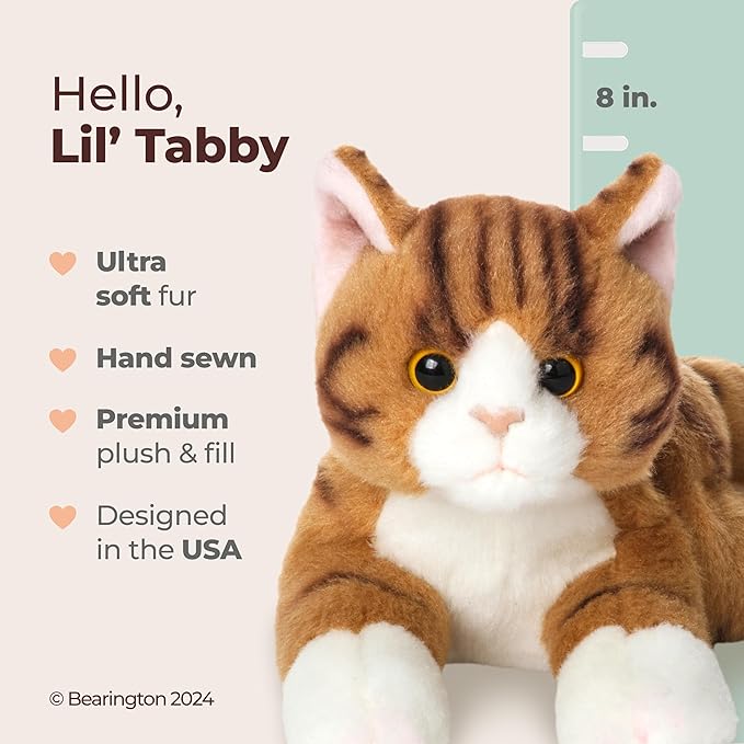 Bearington Collection Lil' 8-Inch Tabby Cat Plush Toy - Orange Cat Stuffed Animal That Looks Real for Kids