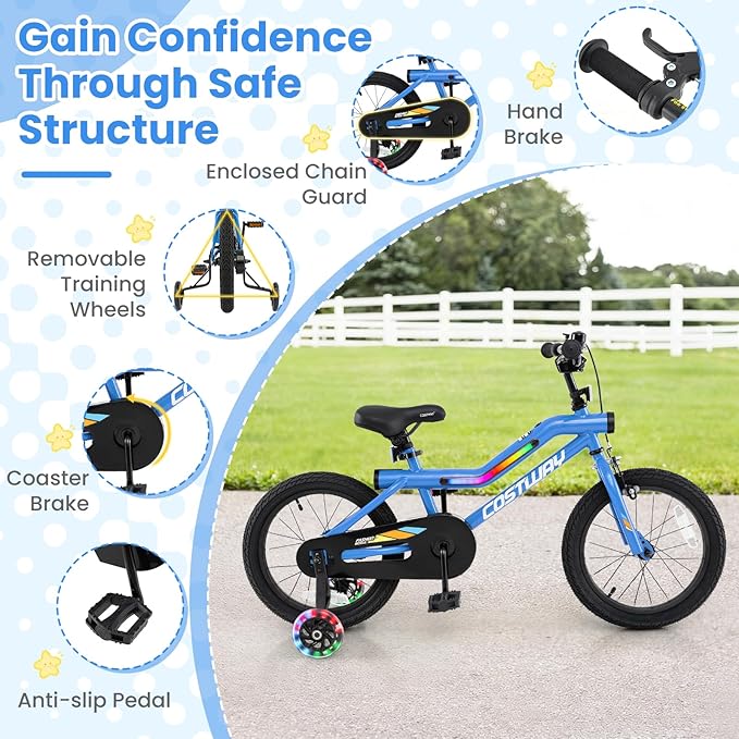 COSTWAY 16”/18” Lighted Kids Bike, Children Sport Bicycle with LED Light-up Frame, Adjustable Saddle, Training Wheels, Handbrake & Coaster Brake, Kids Riding Bike for 4-7/4-8 Years Old Boys & Girls