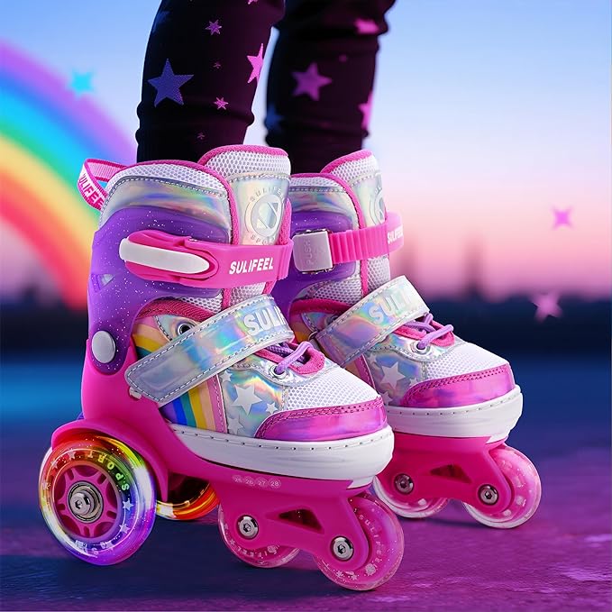 SULIFEEL Rainbow Unicorn 4 Size Adjustable Light up Roller Skates for Girls Boys for Kids