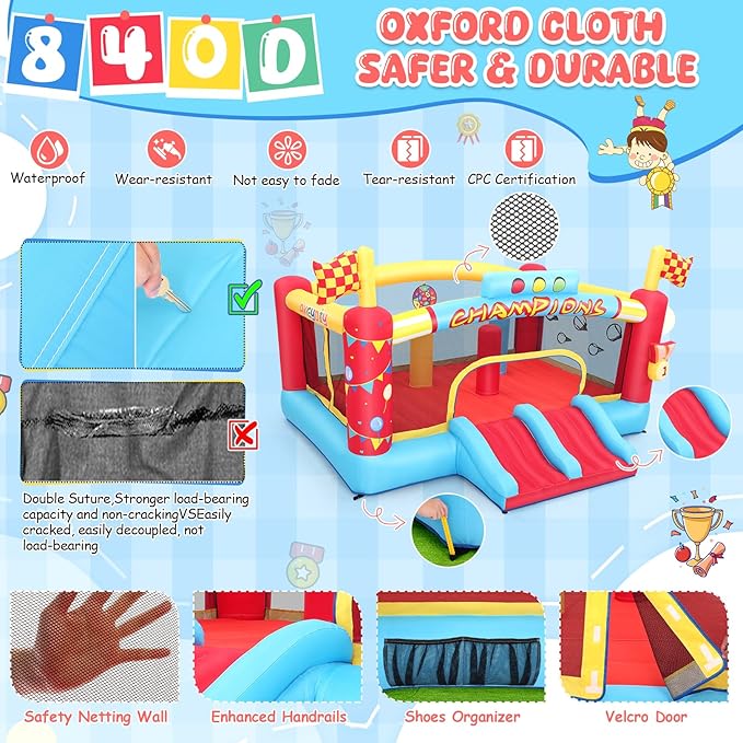 AKEYDIY Inflatable Obstacle Course Bounce House for Kids, 13.12FT x 11.16FT Racing Party Bouncy House for Kids 3-12 w/Large Jumping Area, Basketball Hoop & Racing Slide, Target Toss Game, 550W Blower