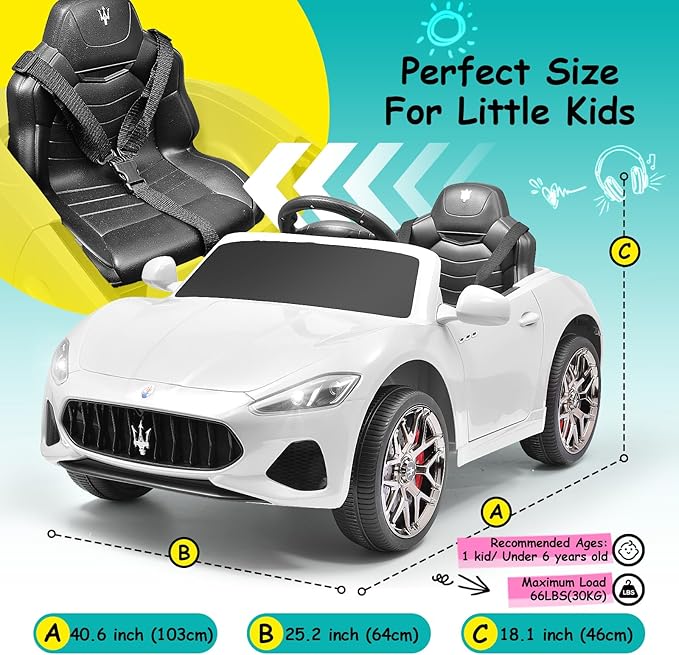 Joywhale 12V Kids Ride on Car Licensed Maserati Battery Powered Electric Vehicle for Ages 3-6, with 2.4G Remote Control, Metal Suspension, Safety Belt, Bright Headlights, Music & FM, White, DP-M02L