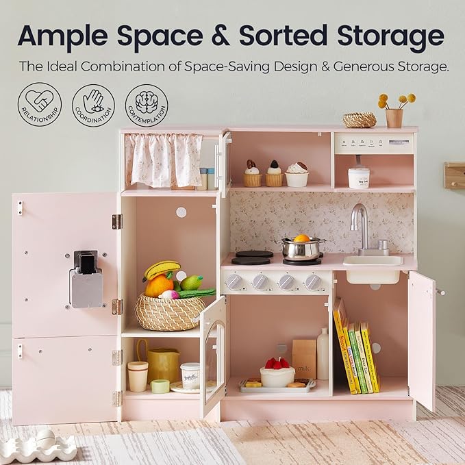 Tiny Land Play Kitchen for Kids, Upgraded Wooden Kitchen Toy with Complete Play Areas, Pretend Cooking Set with Sink, Stove, Microwave, Toy Coffee Station & Storage for Kids Ages 3+