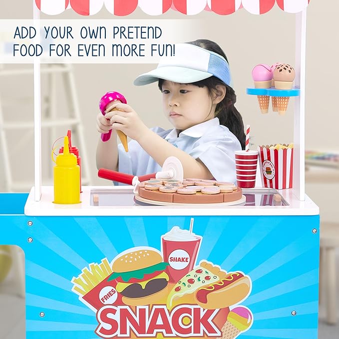 Lil’ Jumbl Wooden Snack Shop Playset | Kids Play Pretend Hot Dog Stand Push Cart w/ 125+ Burger, Fries, Pizza & Ice Cream Toy Accessories, Food Displays, Awning, Freezer, Storage Drawers & Menus