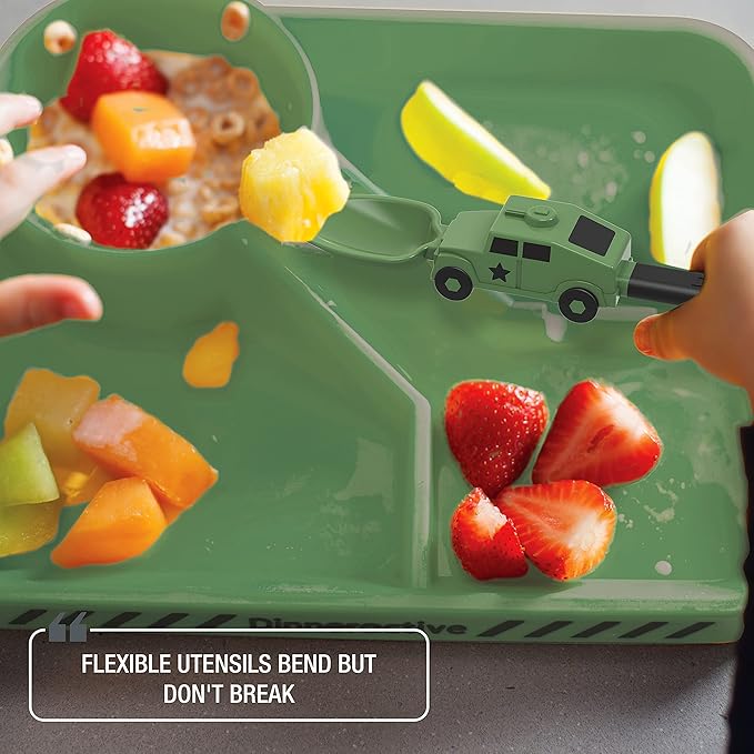 Dinneractive Dining Set For Kids - 3PC Green Army Dinnerware - Army Truck Tank Utensils - Toddler Plates - Baby Dishes