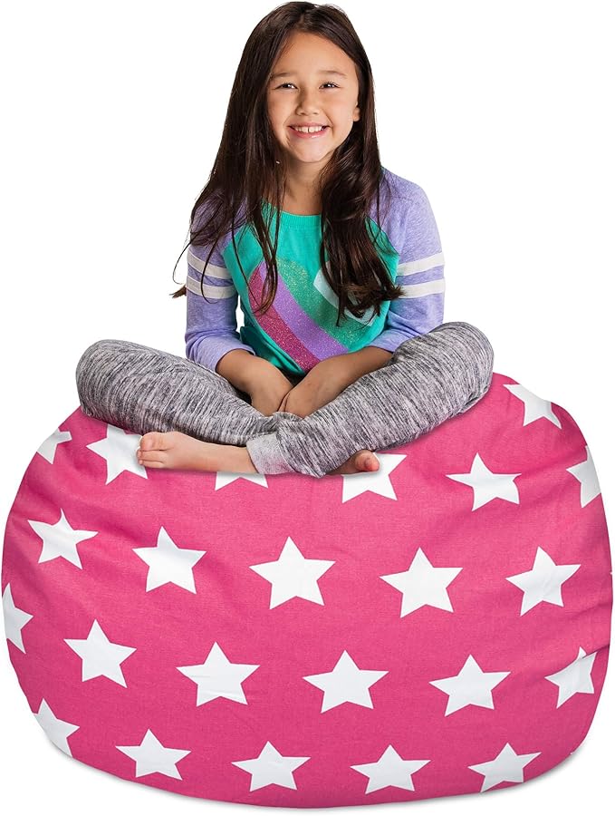 Posh Creations Kids Stuffed Animal Storage Bean Bag Chair Cover - Childrens Toy Organizer, Large-38in, Canvas White Stars on Pink