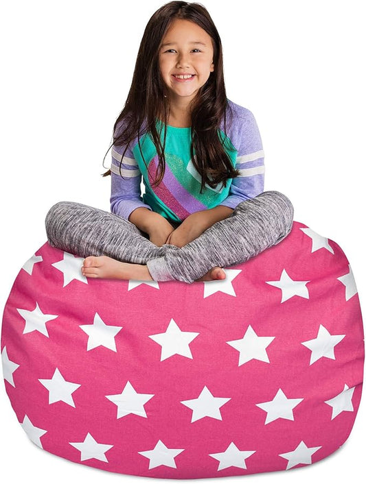 Posh Creations Kids Stuffed Animal Storage Bean Bag Chair Cover - Childrens Toy Organizer, Large-38in, Canvas White Stars on Pink