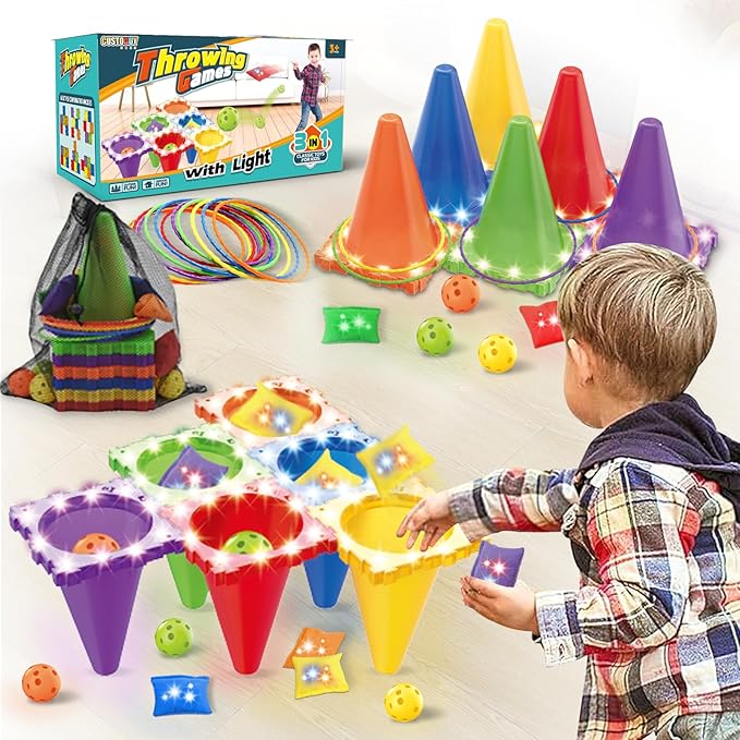 31PCS 3-in-1 Carnival Games Combo Set, LED Bean Bag Game Party Supplies, Ring Toss Yard Lawn Backyard Games, Outdoor Educational Toys for Kids Adults Birthday Parties, School Activities