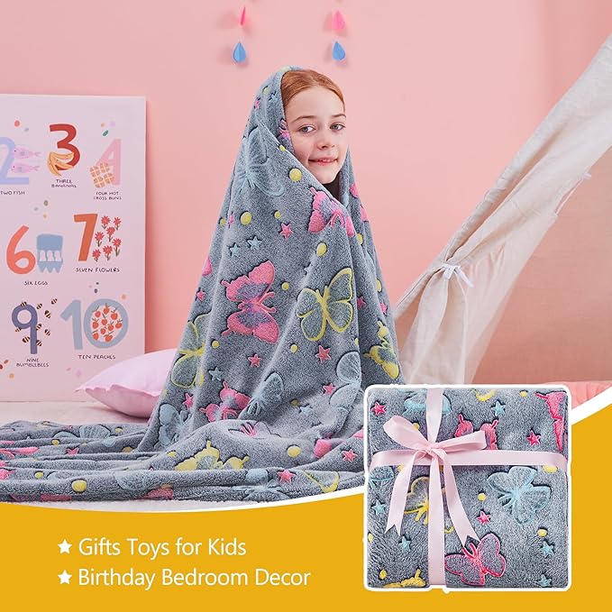 QSTEHEML Butterfly Glow in The Dark Blanket,Butterfly Gifts Toys for Kids Girls Age 3-12 Years Old, Birthday, for Daughter, Toddler, Teen, and Grandkids Soft Throw 50"×60"
