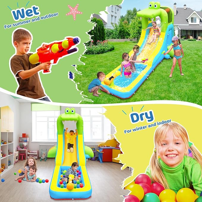Inflatable Water Slide - Crocodile Theme Bounce House Water Park with Blower, Climbing Wall, Splash Pool, Water Cannon, Blow up Toddler Waterslide for Kids and Adults Backyard, Green